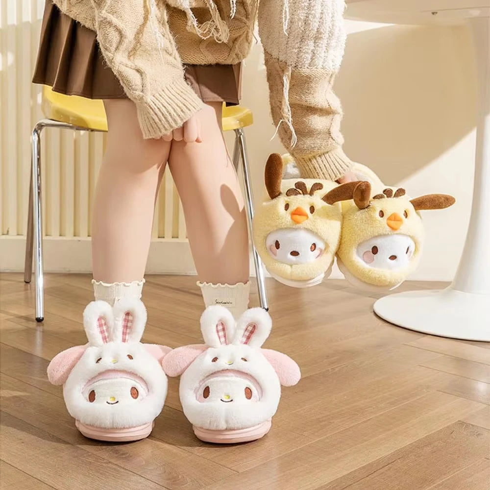 Cartoon Women's Plush Slippers Warm New Cinnamoroll Pompompurin Kuromi Sanrioed Anime Hello Kitty Winter Thicken Home Slippers