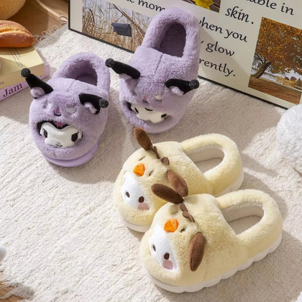 Anime Winter Plush Slippers Kuromi Hello Kitty Cinnamoroll Sanrioed Kawaii Cartoon Cute Indoor Thicken Warm Home Slippers