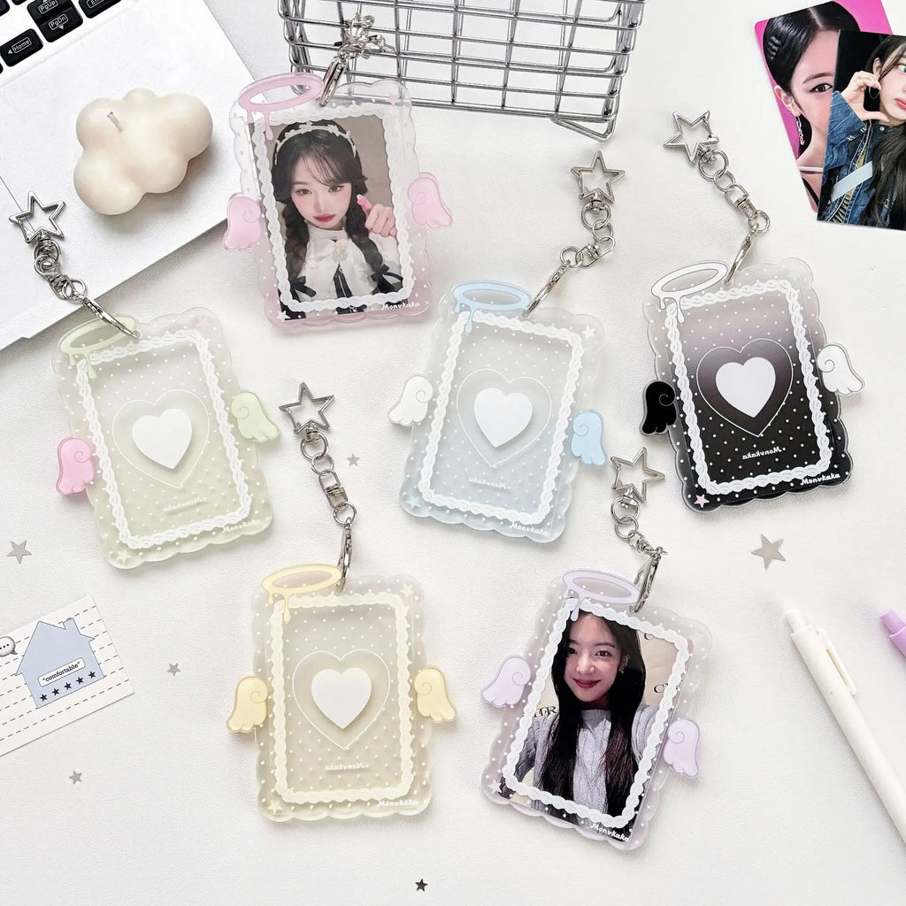 Hot Fashion Love Wings Acrylic 3in Card Holder Girl Crossbody Bag Pendant Keychain Decoration Kpop Idol Photo Storage Card Clip