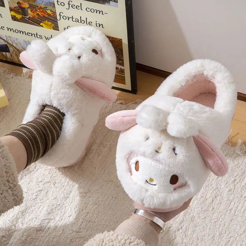 Anime Winter Plush Slippers Kuromi Hello Kitty Cinnamoroll Sanrioed Kawaii Cartoon Cute Indoor Thicken Warm Home Slippers