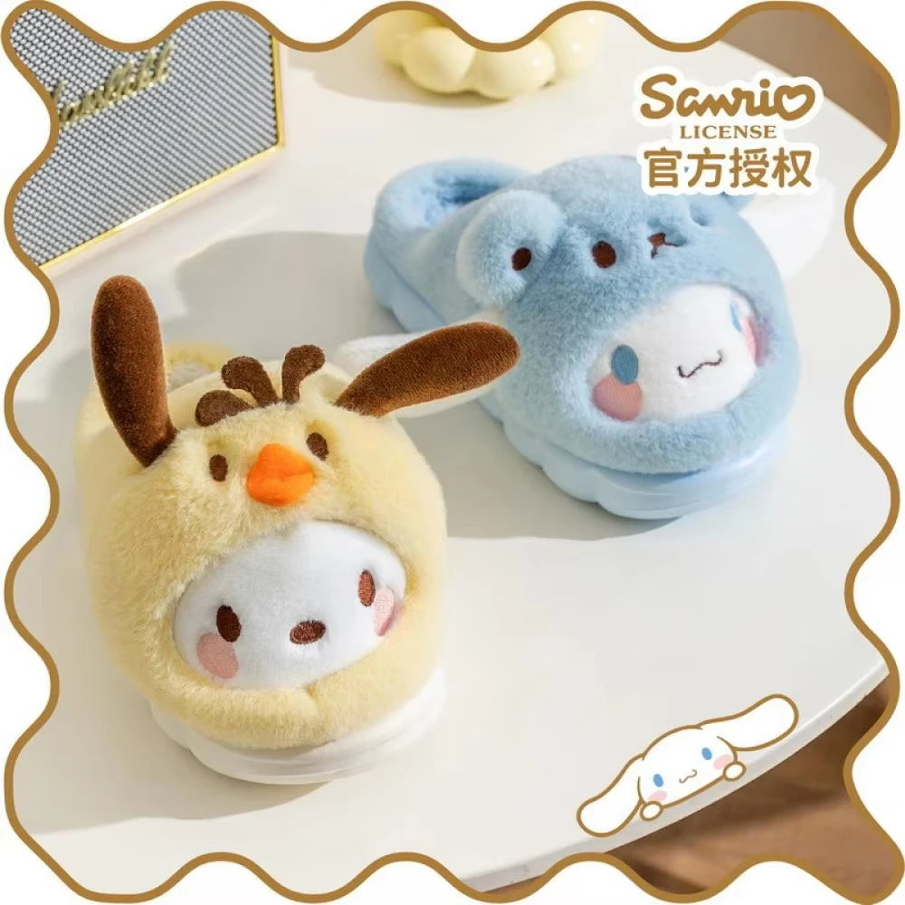 Cartoon Women's Plush Slippers Warm New Cinnamoroll Pompompurin Kuromi Sanrioed Anime Hello Kitty Winter Thicken Home Slippers