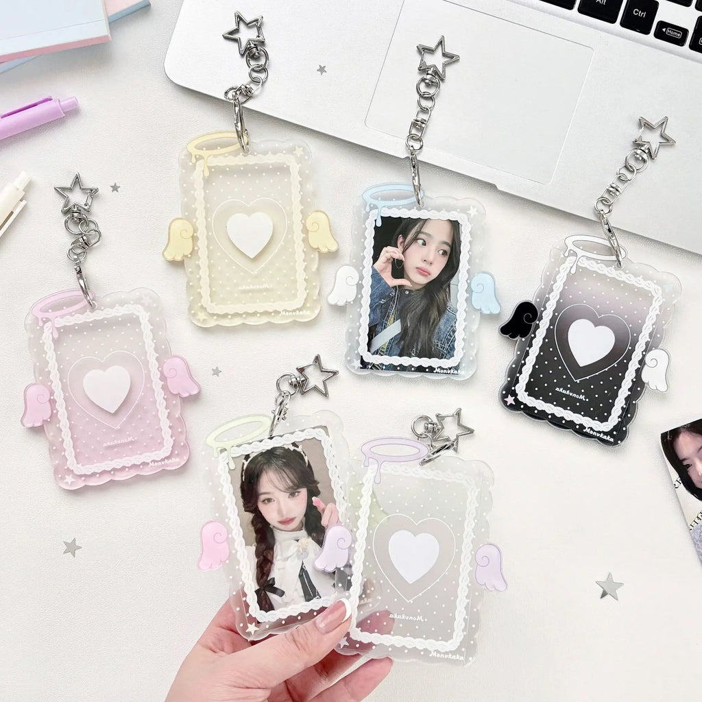 Hot Fashion Love Wings Acrylic 3in Card Holder Girl Crossbody Bag Pendant Keychain Decoration Kpop Idol Photo Storage Card Clip