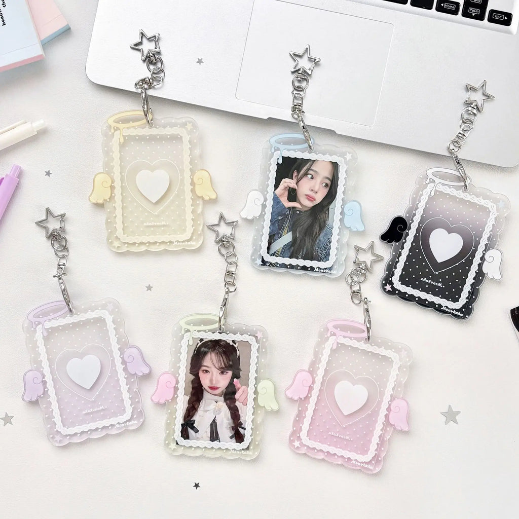 Hot Fashion Love Wings Acrylic 3in Card Holder Girl Crossbody Bag Pendant Keychain Decoration Kpop Idol Photo Storage Card Clip