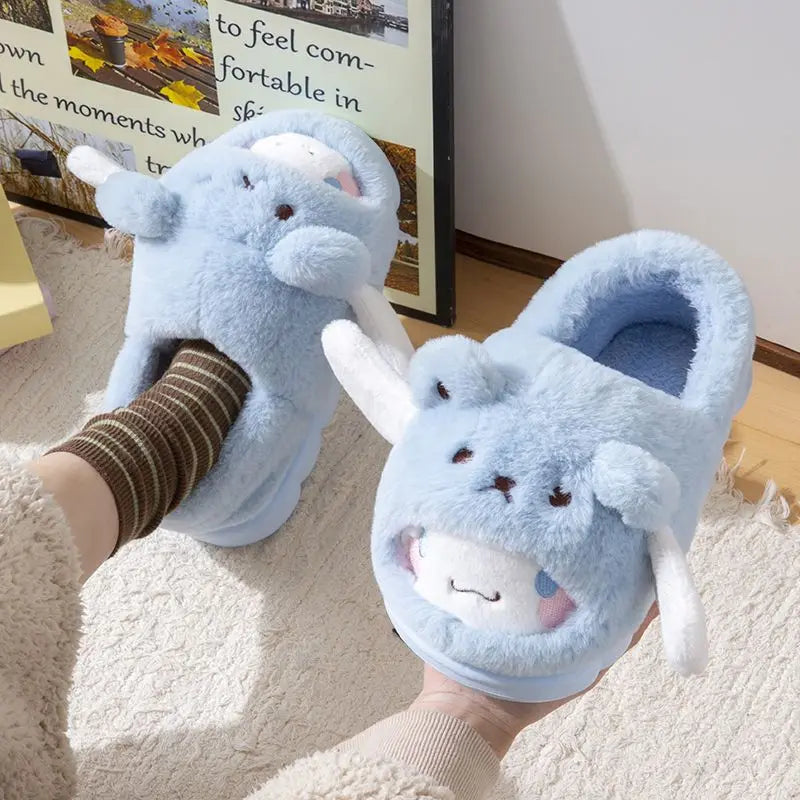 Anime Winter Plush Slippers Kuromi Hello Kitty Cinnamoroll Sanrioed Kawaii Cartoon Cute Indoor Thicken Warm Home Slippers