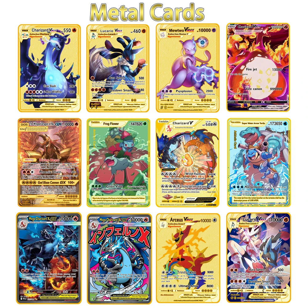 2026 NEW Pokemon Metal Card 10000 Points Arceus Charizard Super Card Golden English Mewtwo Vmax GX EX Anime Collection Card Gift