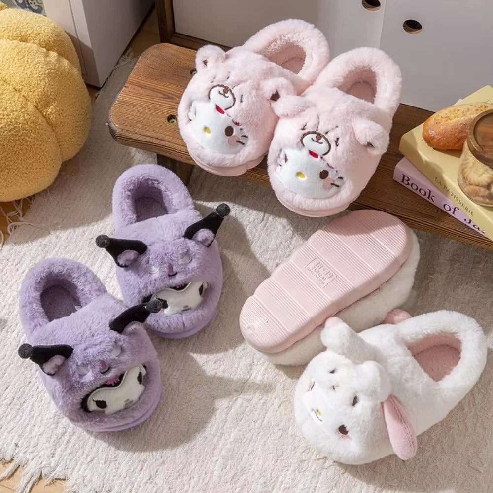 Anime Winter Plush Slippers Kuromi Hello Kitty Cinnamoroll Sanrioed Kawaii Cartoon Cute Indoor Thicken Warm Home Slippers