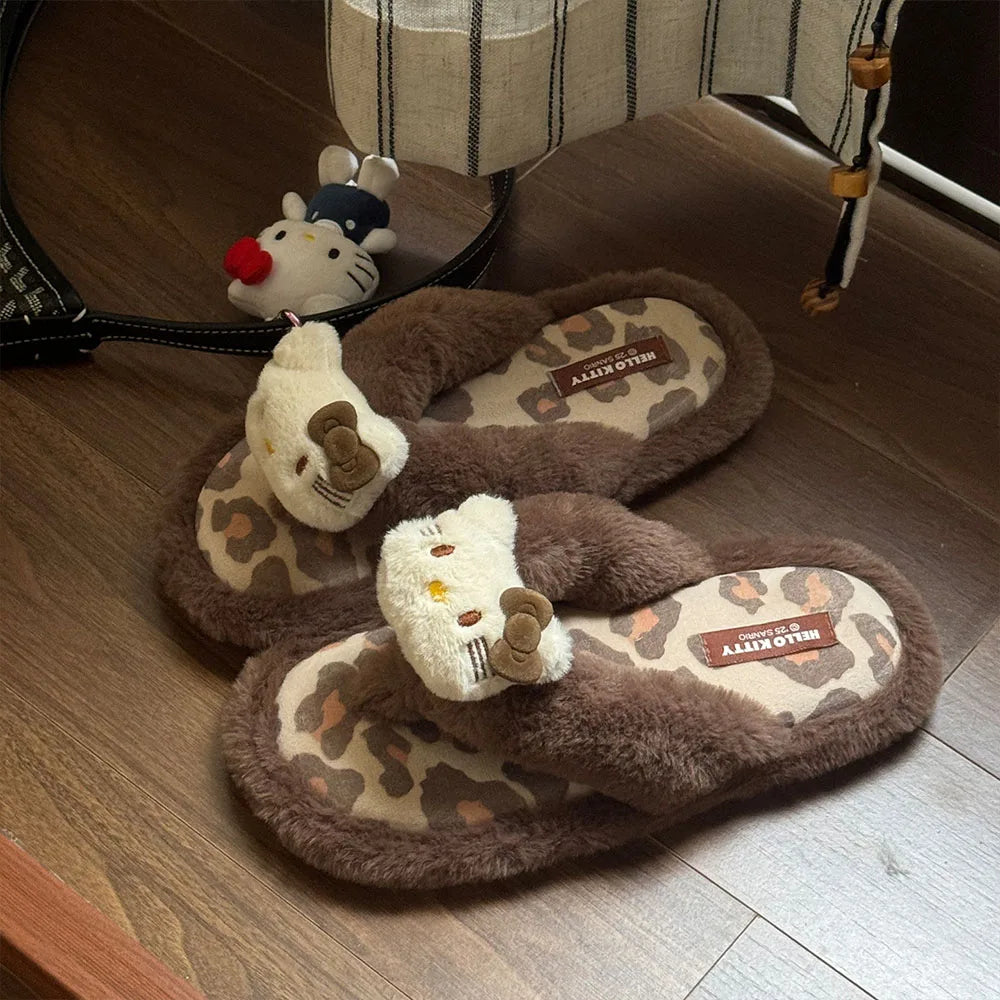 Anime Cute Hello Kitty Plush Flip Flops Women's Winter Slippers Cartoon Warm Cotton Anti Slip Comfortable Home Shoes Slippers