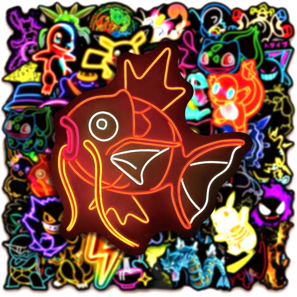 10/30/50pcs Cool Cartoon Neon Light Anime Pokemon Stickers Pikachu Cartoon Decals Laptop Motorcycle Phone Aesthetic Sticker Toys
