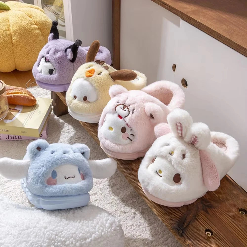 Anime Winter Plush Slippers Kuromi Hello Kitty Cinnamoroll Sanrioed Kawaii Cartoon Cute Indoor Thicken Warm Home Slippers