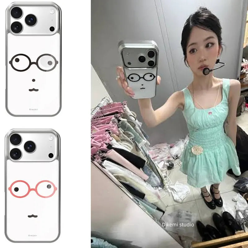 INS Korea Kawaii Cute Glasses Face Bear Kpop Girl Phone Case For iPhone 17 16 Promax 15 14 13 12 11 Pro Max Plus Y2k Resin Cover