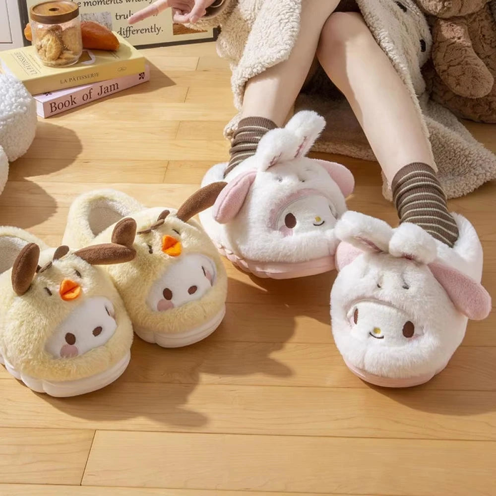 Anime Winter Plush Slippers Kuromi Hello Kitty Cinnamoroll Sanrioed Kawaii Cartoon Cute Indoor Thicken Warm Home Slippers