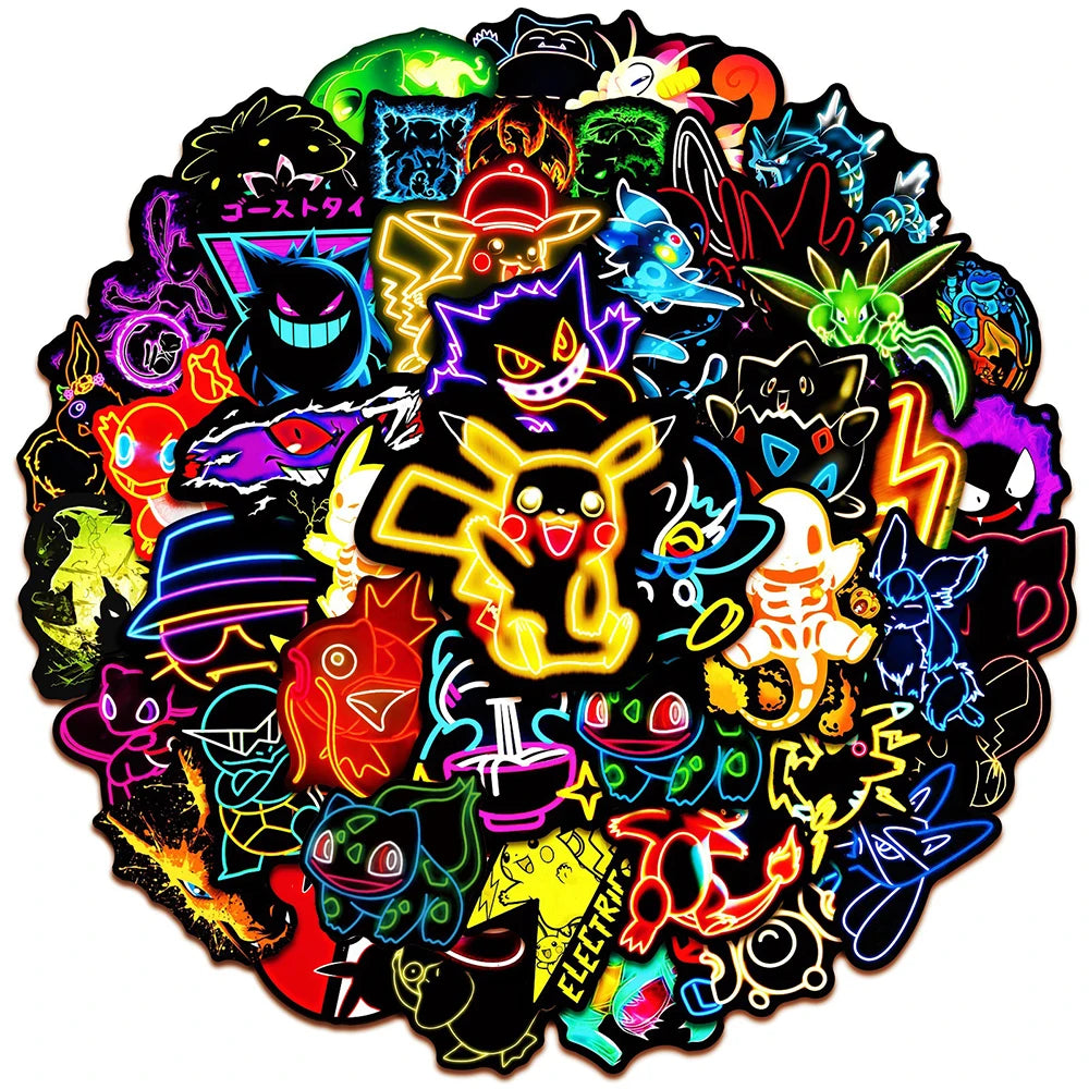 10/30/50pcs Cool Cartoon Neon Light Anime Pokemon Stickers Pikachu Cartoon Decals Laptop Motorcycle Phone Aesthetic Sticker Toys